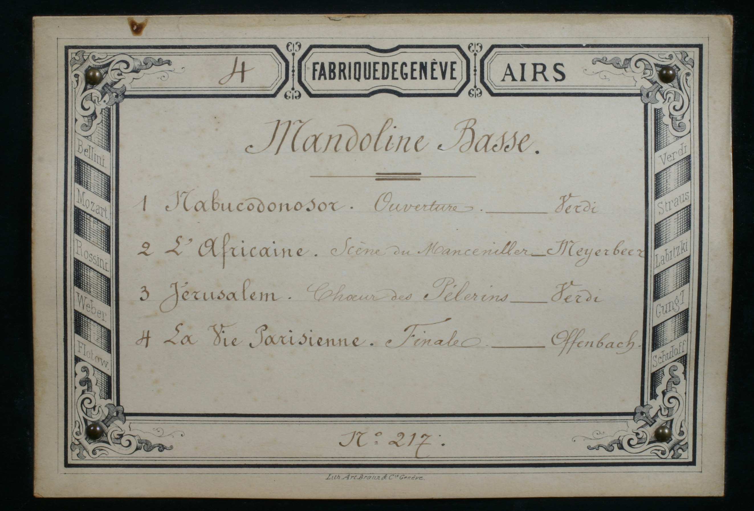 Programmblatt, Musikdose Mandoline Basse, 4 Melodien, B. Troll Fils, Genf um 1875