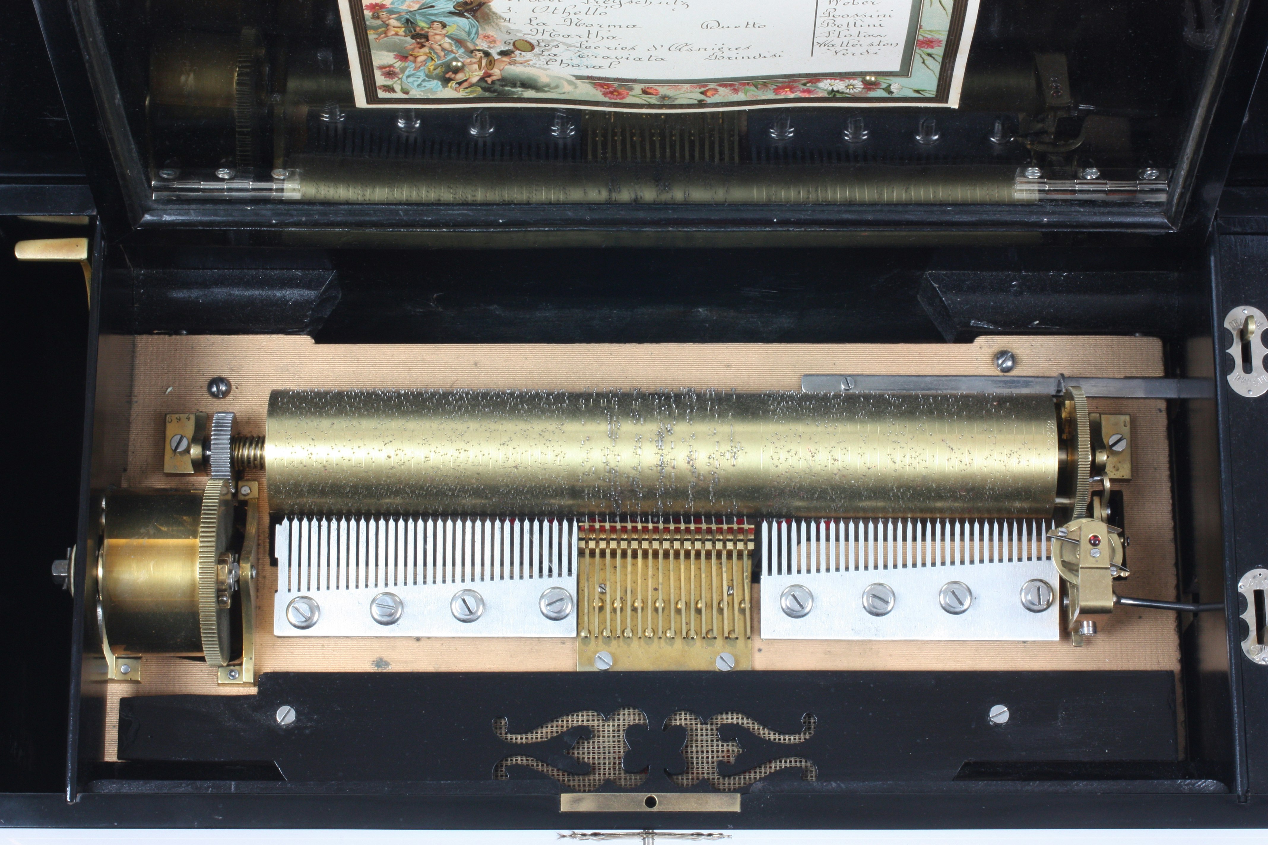 Musikdose Voix Celeste mit durchschlagenden Zungen offen, 8 Melodien, Ste-Croix um 1870