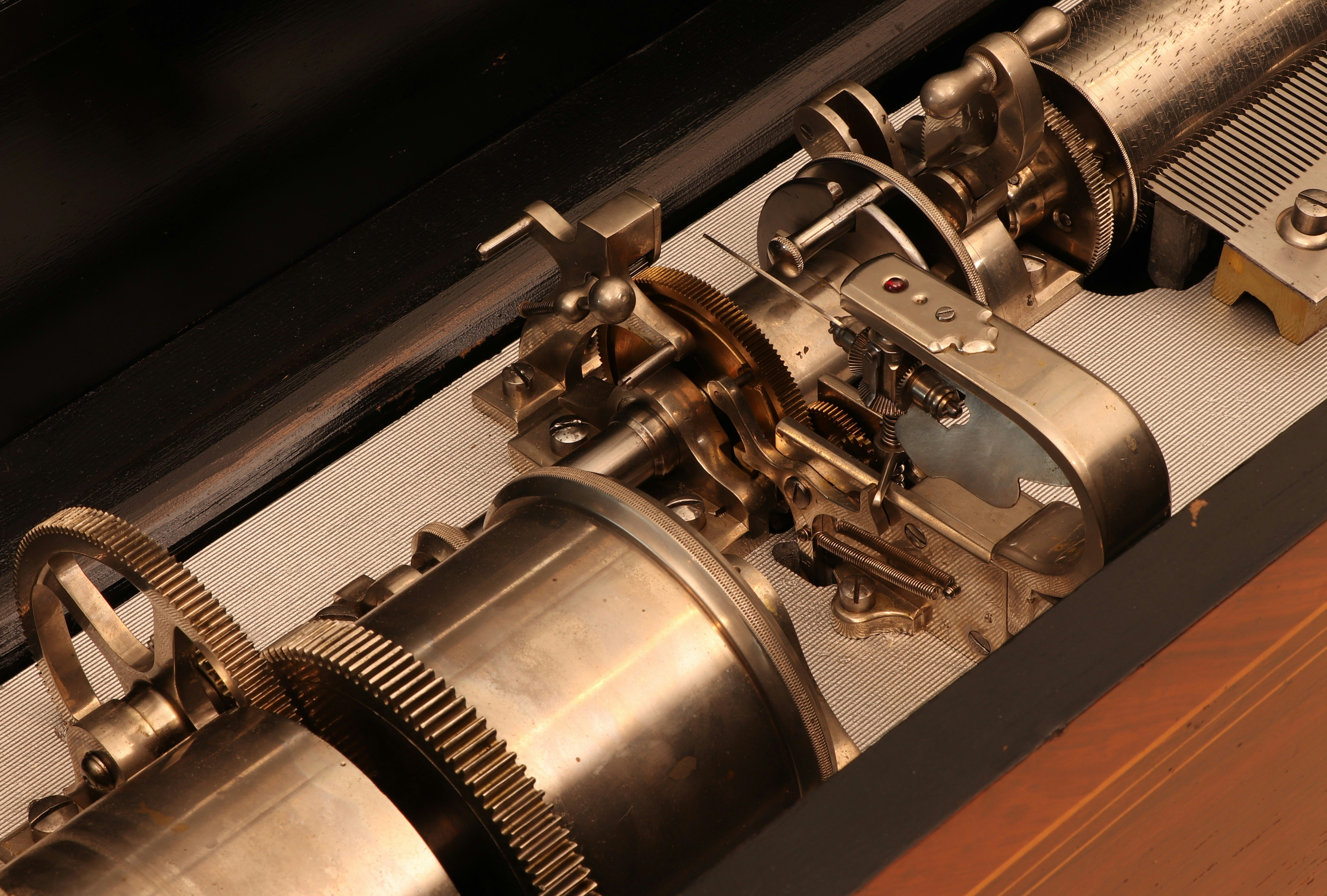 Detailansicht des Musikwerks einer Plérodienique-Musikdose.