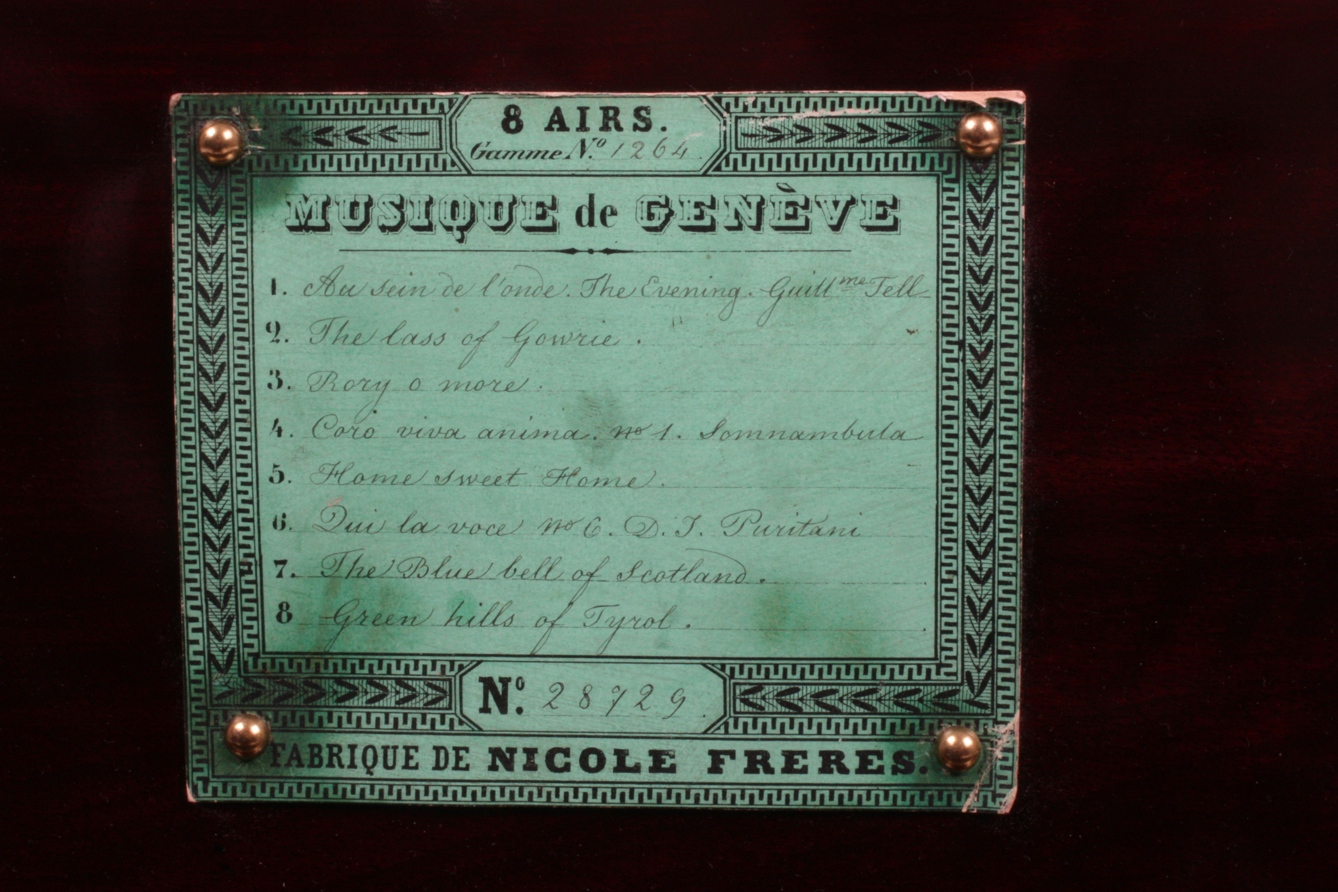 Programmblatt Musikdose Piano-Forte, 8 Melodien, Nicole Frères, Genf um 1850