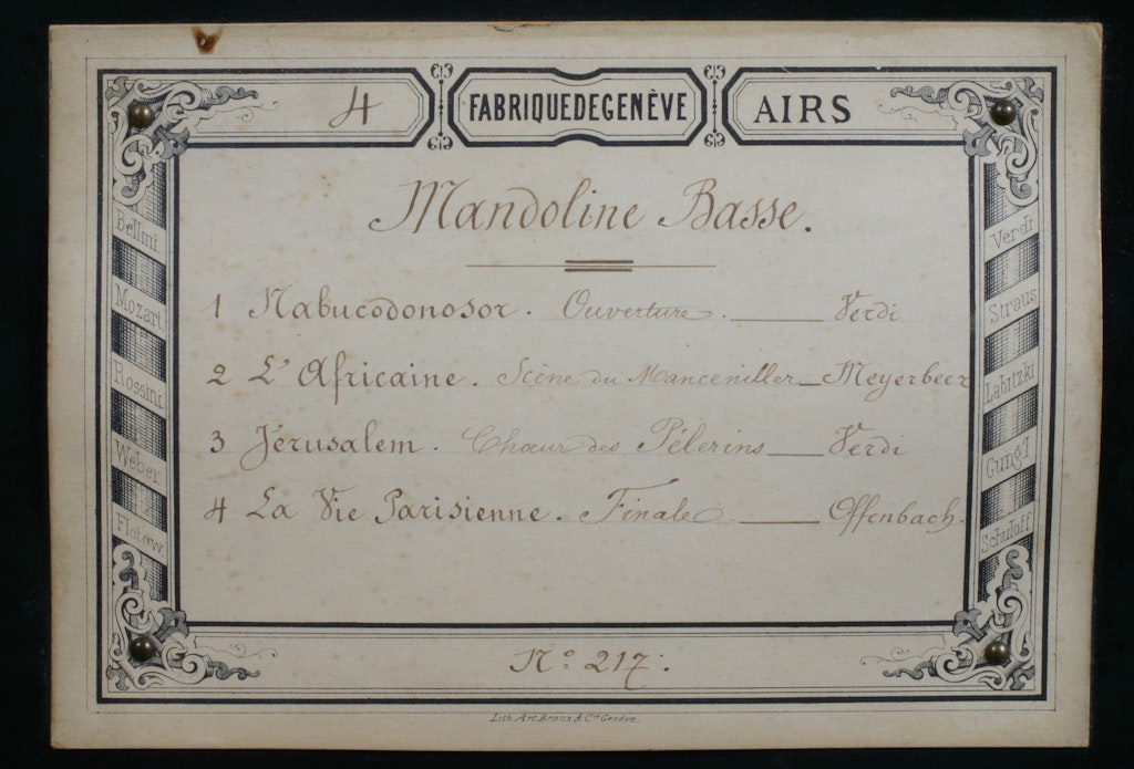 Programma, Scatola musicale Mandoline Basse, 4 melodie, B. Troll Fils, Ginevra verso 1875