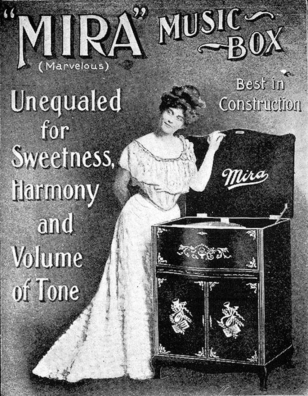 amerikanische Reklame für eine Mira-Plattenspieldose der Firma Mermod Frères, Ste-Croix
